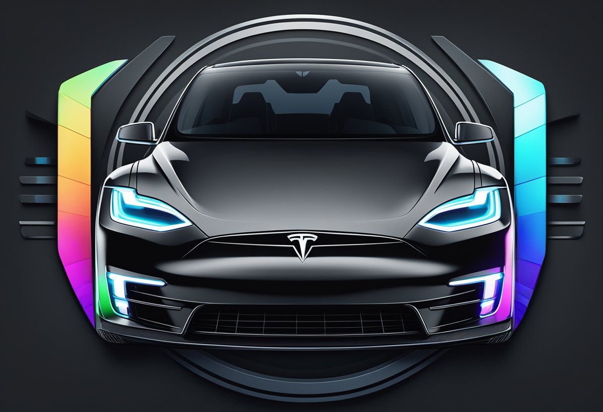 A sleek Tesla Plaid badge gleams on a dark, carbon fiber background, surrounded by subtle, intricate detailing