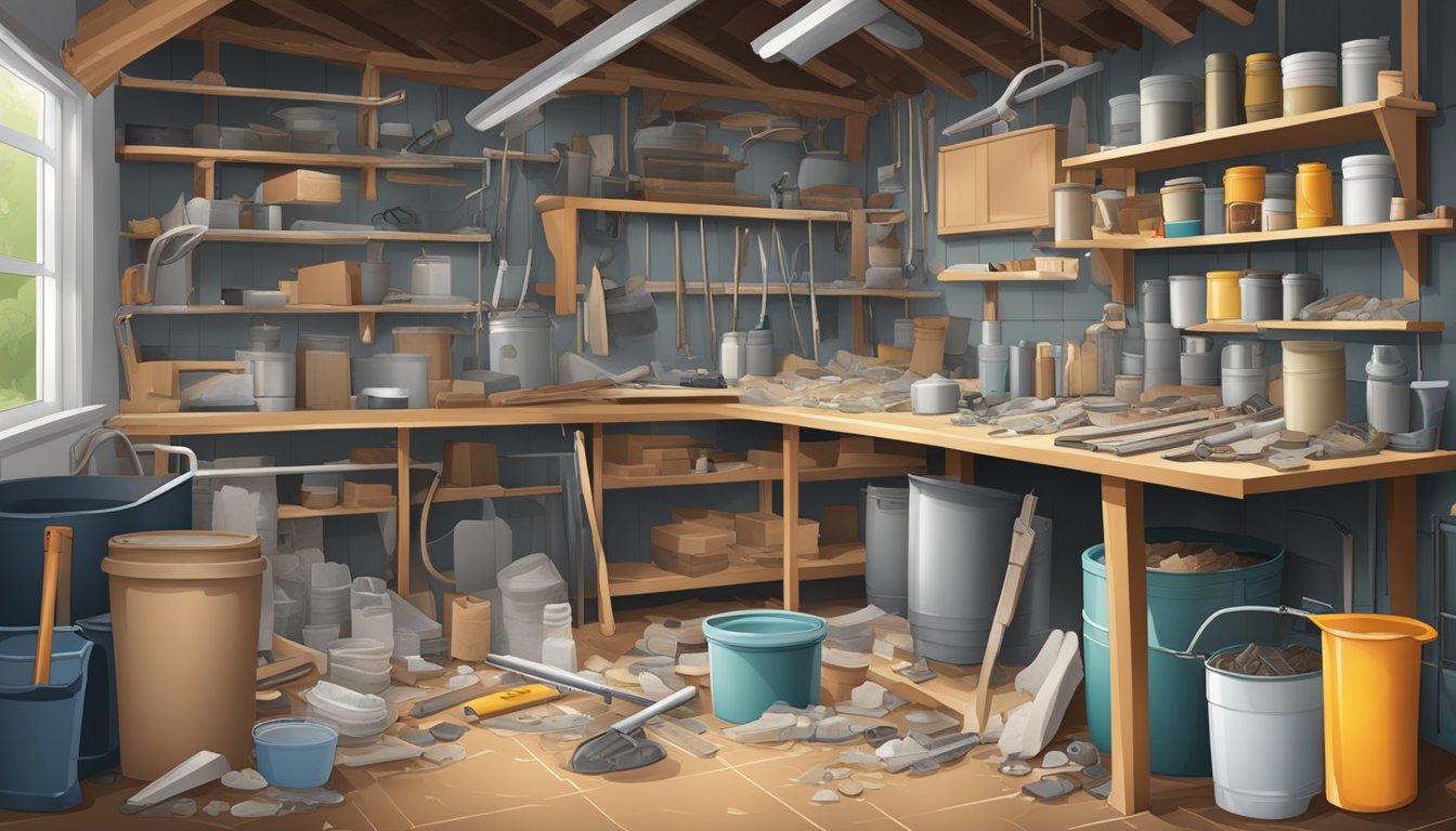 A cluttered workshop with various household products, such as insulation, tiles, and brake pads, all labeled with the word "asbestos."