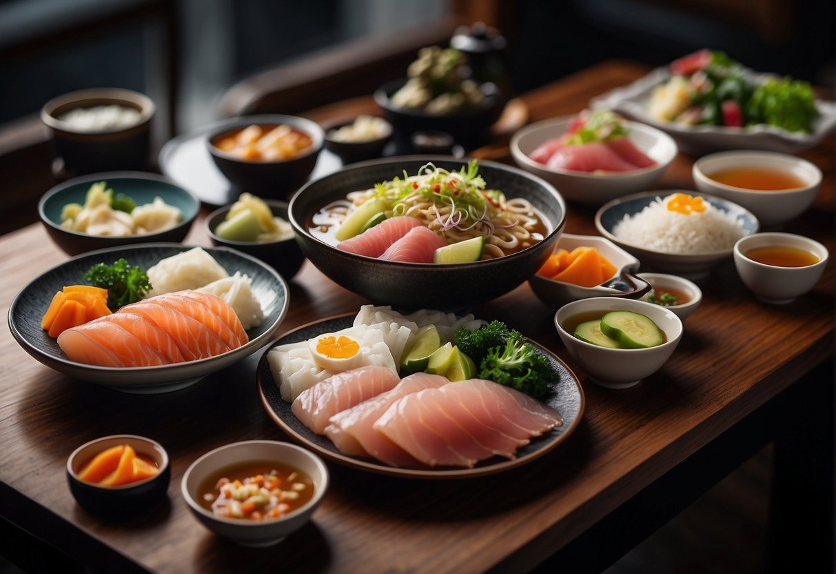 A table set with a variety of Japanese keto food, including sashimi, miso soup, and pickled vegetables, arranged in an aesthetically pleasing manner