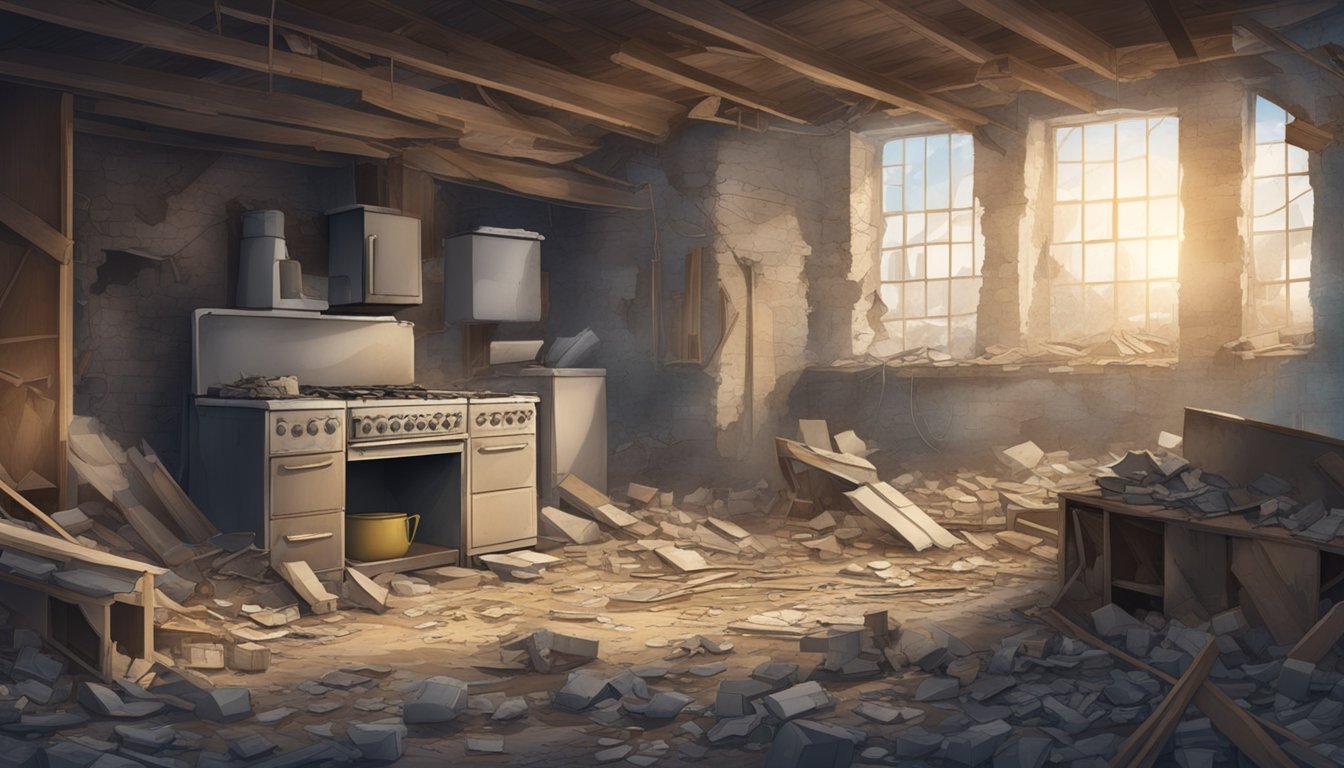 A dusty old building with crumbling walls and ceilings, surrounded by discarded construction materials and broken appliances