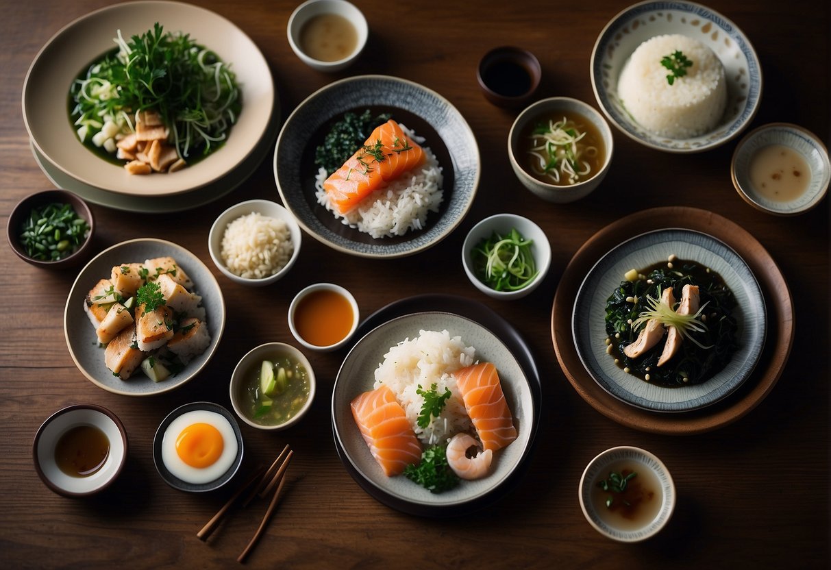 A table set with traditional Japanese keto dishes, including sashimi, seaweed salad, and miso soup. A bowl of cauliflower rice and a plate of grilled fish are also present