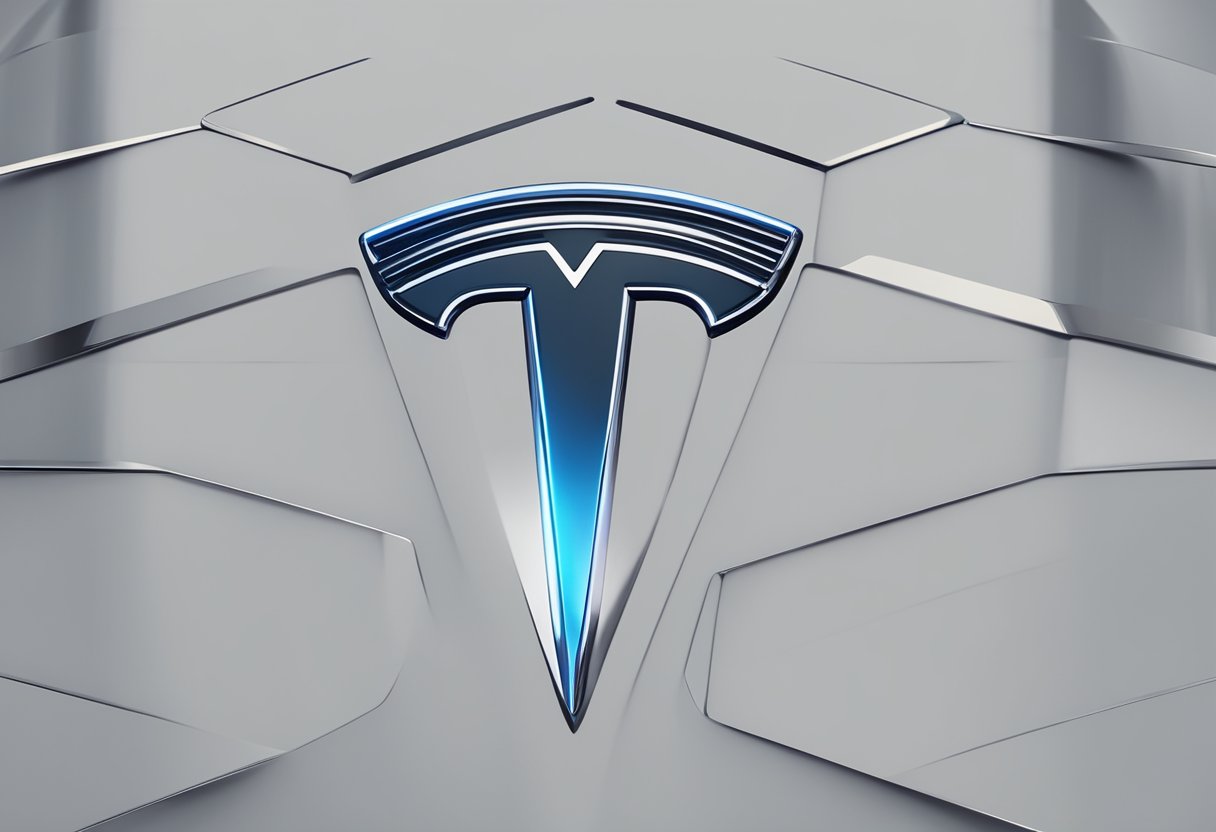 A close-up of the Tesla Plaid badge, with sleek lines and metallic shine, symbolizing innovation and speed