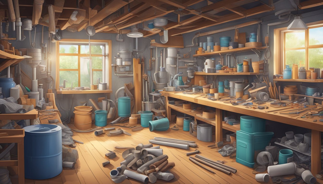 A cluttered workshop with various products and materials, including pipes, insulation, and flooring, all potentially containing hidden asbestos