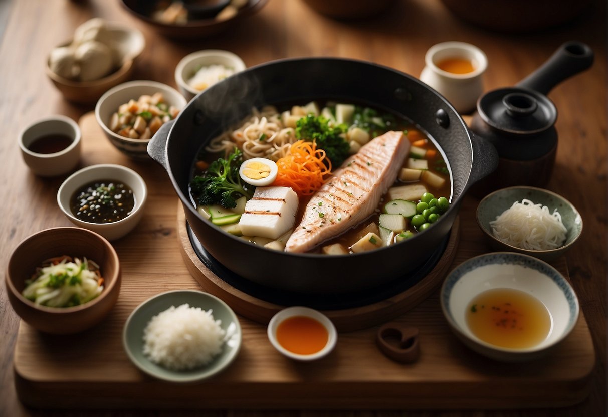 A traditional Japanese kitchen with fresh ingredients like fish, tofu, and vegetables laid out on a wooden cutting board. A steaming pot of miso soup and a sizzling pan of grilled meat complete the scene