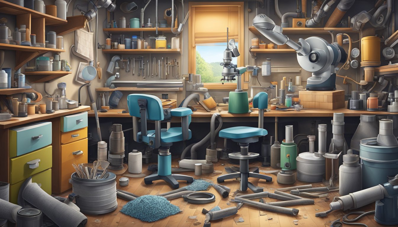A cluttered workshop with various household items like pipes, insulation, and flooring tiles. A microscope reveals asbestos fibers hidden within the products