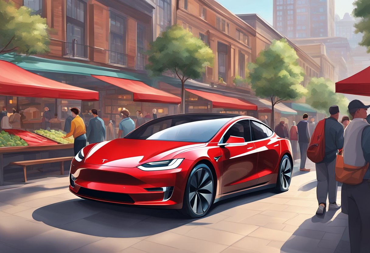The Tesla Plaid badge gleams at a bustling market, catching the attention of eager customers