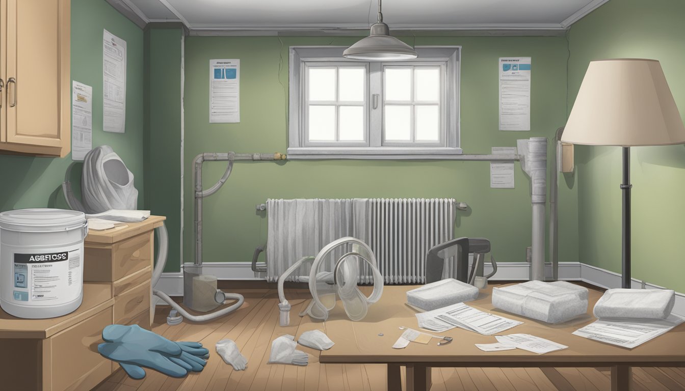 A room with damaged insulation, peeling walls, and exposed pipes. A labeled asbestos testing kit sits on a table next to a safety mask and gloves