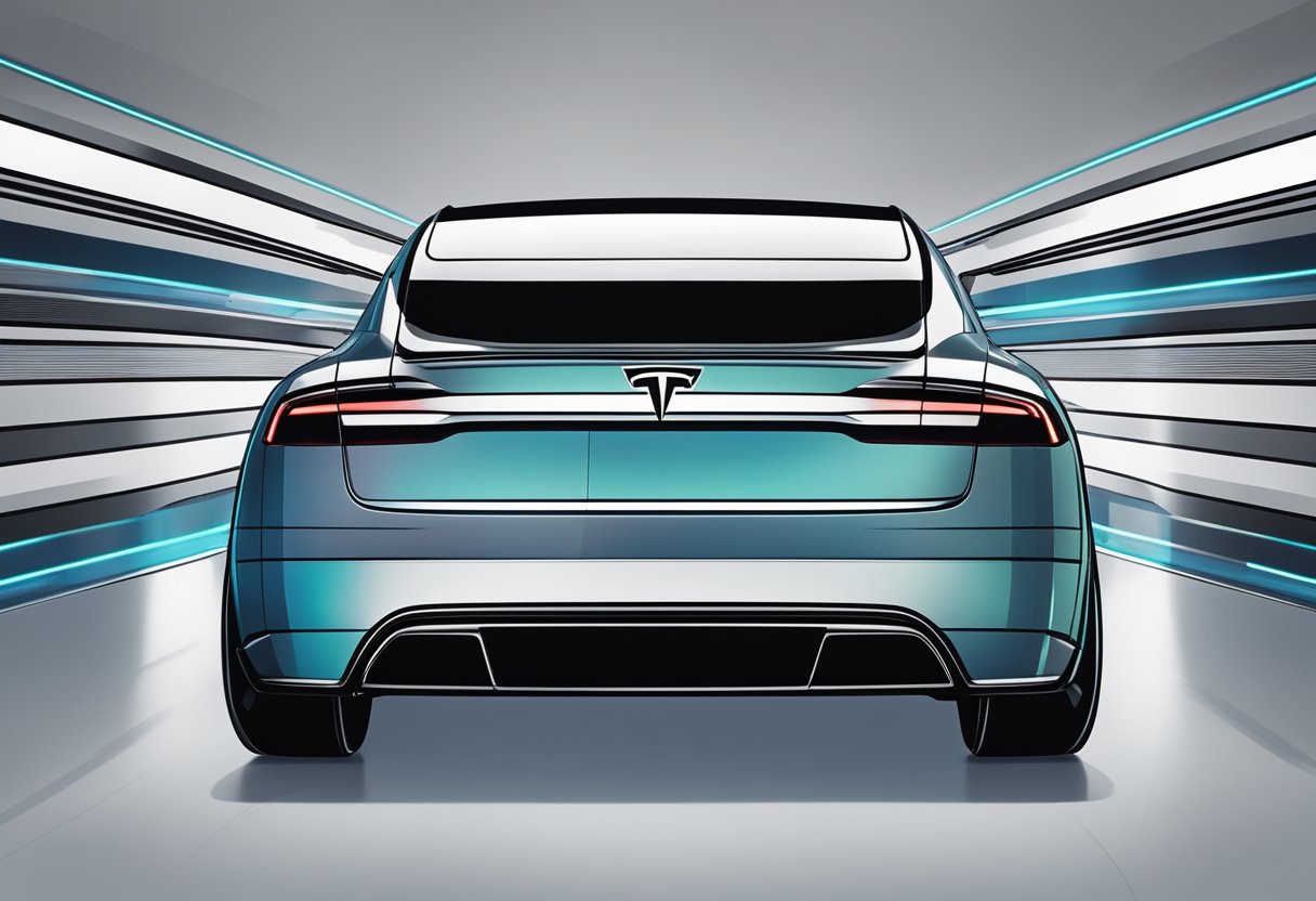 A Tesla Plaid badge prominently displayed on a sleek, futuristic vehicle, symbolizing innovation and cultural impact