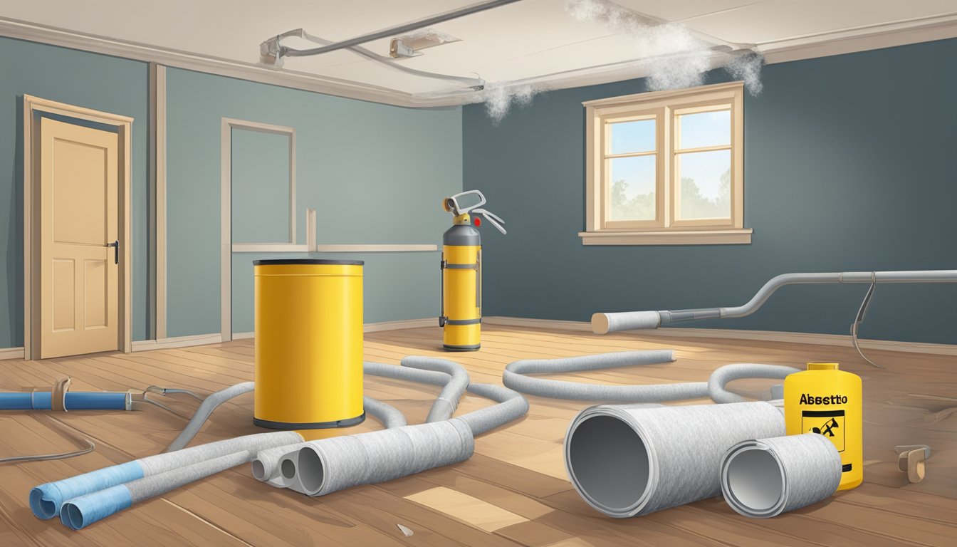A room with damaged insulation, pipes, or flooring. A clear label or sign indicating the presence of asbestos. Proper protective gear and removal equipment nearby