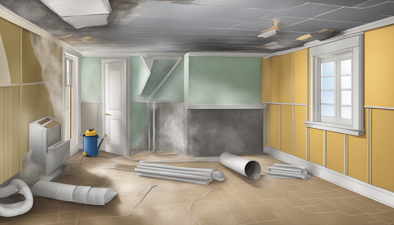 A home with potential asbestos materials: textured ceiling, pipe insulation, floor tiles, and old insulation. Use caution and proper protective equipment