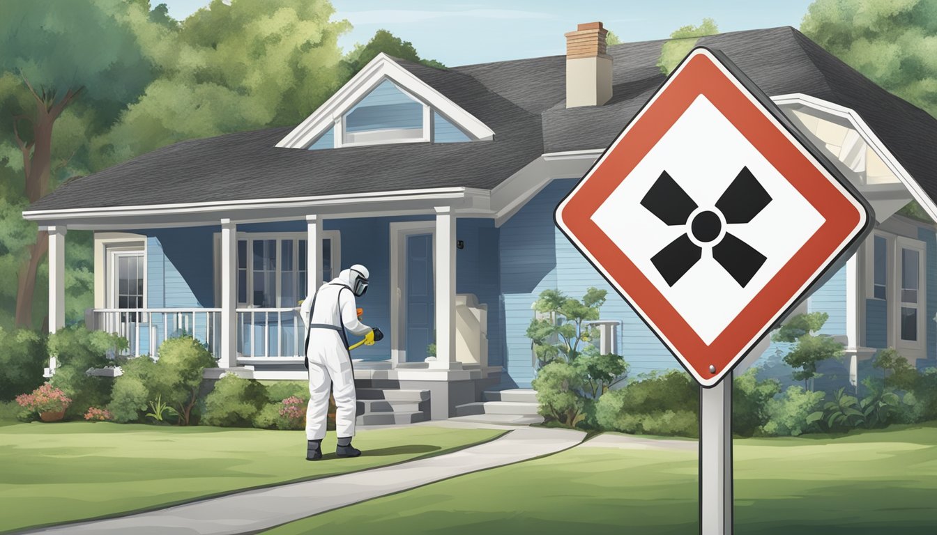 A home with a sign "Asbestos Testing and Inspection" and a person in protective gear removing asbestos safely