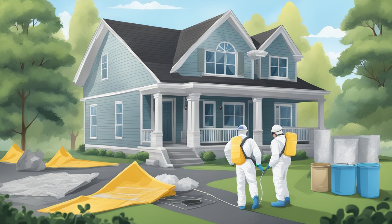 A home with potential asbestos materials, labeled and sealed off, while a professional team safely removes and disposes of the hazardous material