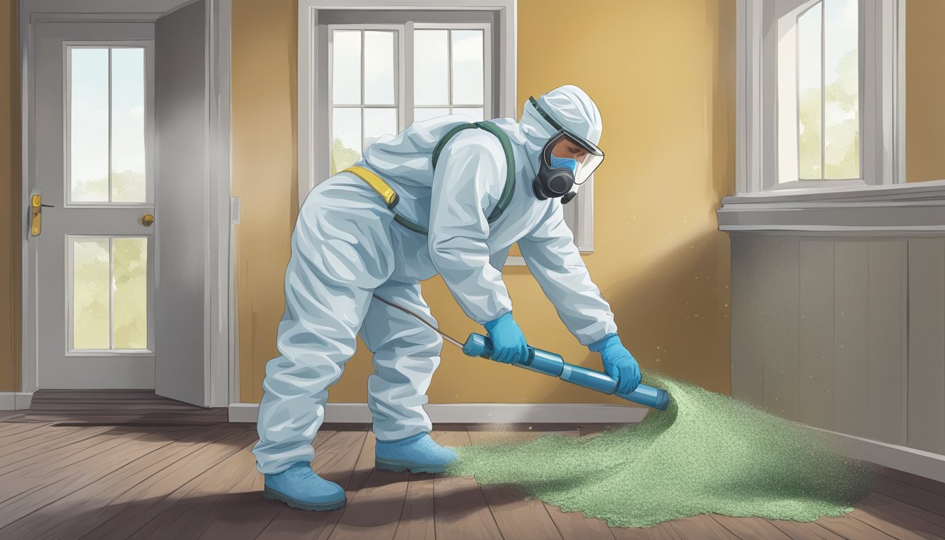 A person in protective gear removes asbestos from a home, sealing off areas and using specialized equipment for safe removal