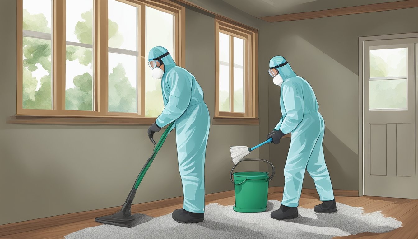 A person wearing protective gear encapsulates and removes asbestos from a home, using proper tools and techniques to ensure safe removal