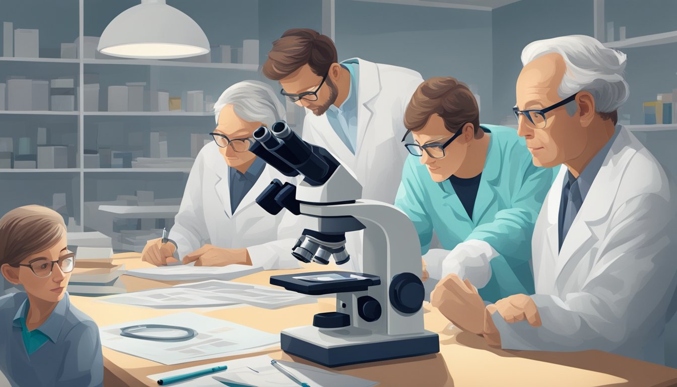 A group of researchers examining asbestos fibers under a microscope, while a patient support group gathers in the background
