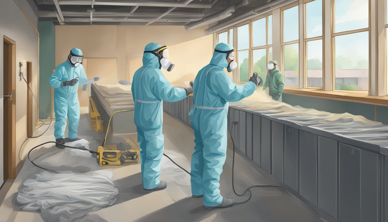 A person wearing protective gear removes asbestos from a building, while others monitor air quality and support patients