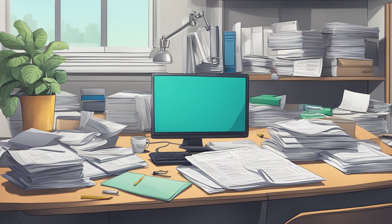 A cluttered office desk with stacks of paperwork, legal documents, and a computer screen displaying asbestos regulations. An open law book and a calendar with compliance deadlines