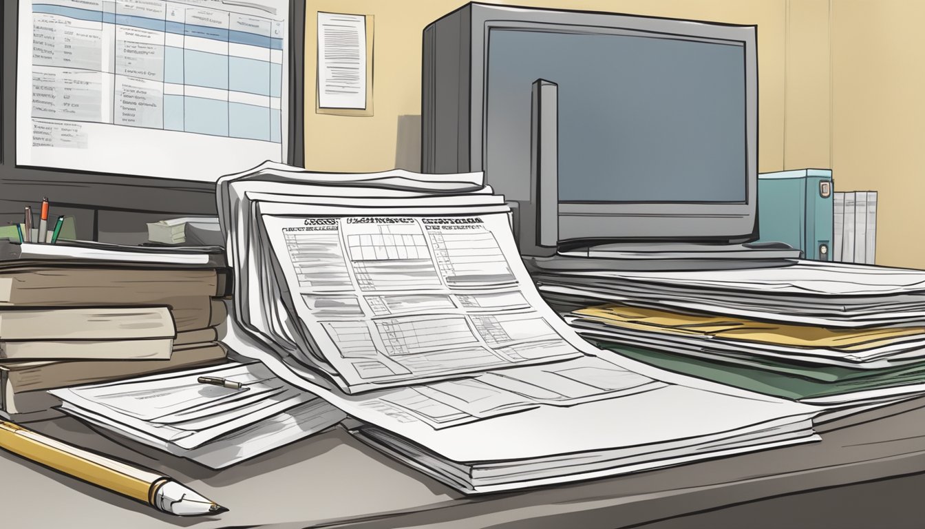 A cluttered office desk with stacks of documents, a computer, and a large binder labeled "Asbestos Regulations and Compliance." A calendar with important dates circled hangs on the wall