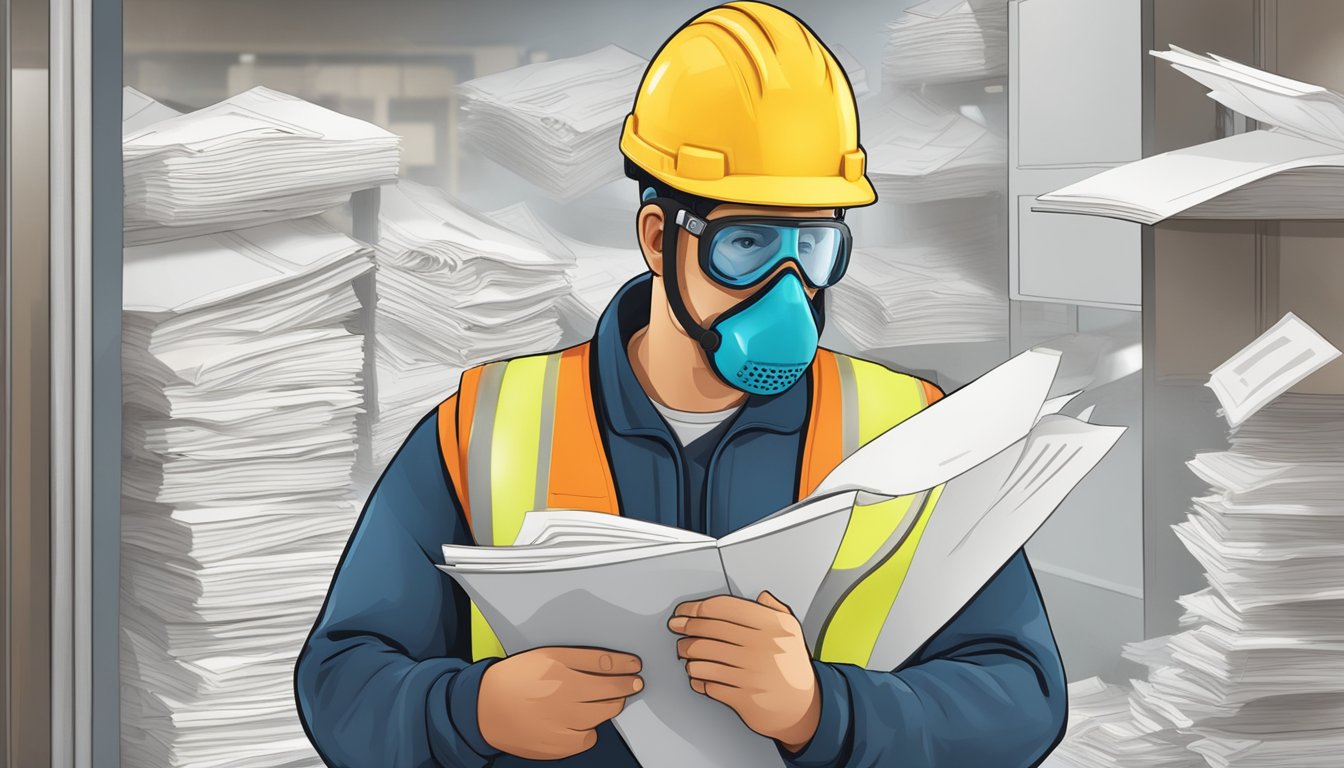 A construction worker wearing protective gear checks for asbestos in a building, surrounded by warning signs and regulatory documents