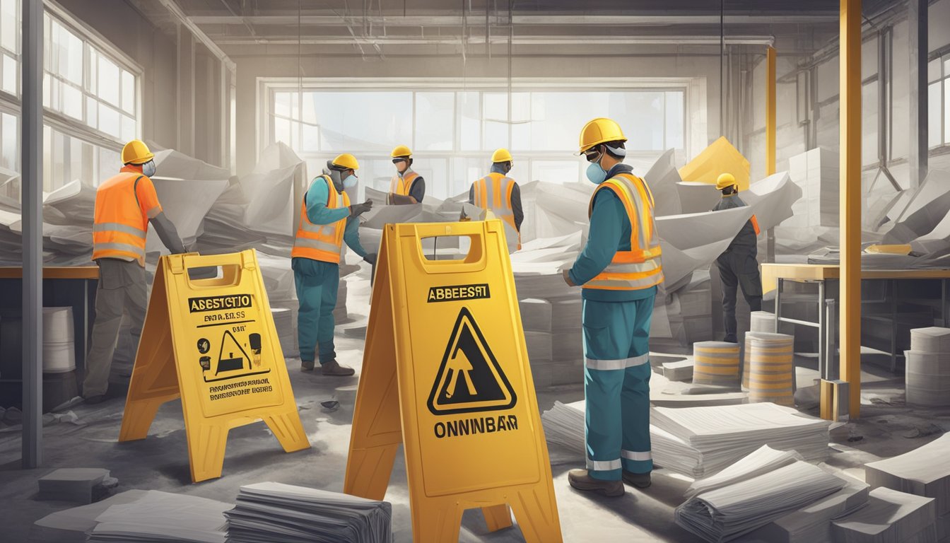 A construction site with workers wearing protective gear, surrounded by warning signs and asbestos removal equipment. Legal documents and regulations posted on the walls