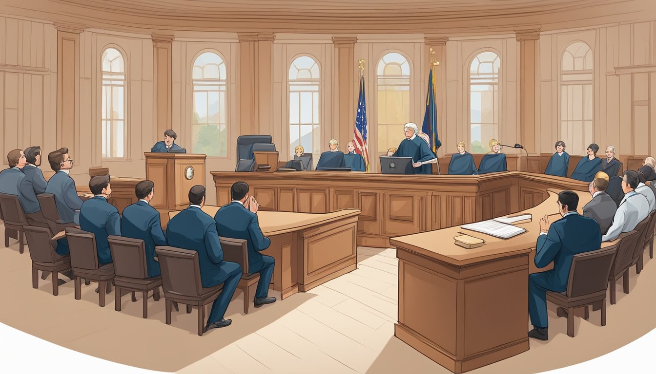 A courtroom with a judge presiding over a case involving asbestos regulations. Lawyers present arguments while compliance officers observe
