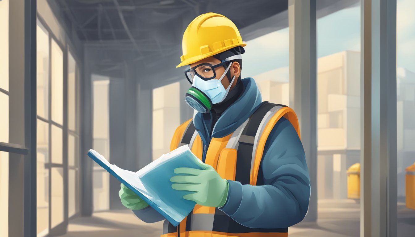 A construction worker wearing protective gear inspects a building for asbestos while holding a testing kit and wearing a respirator