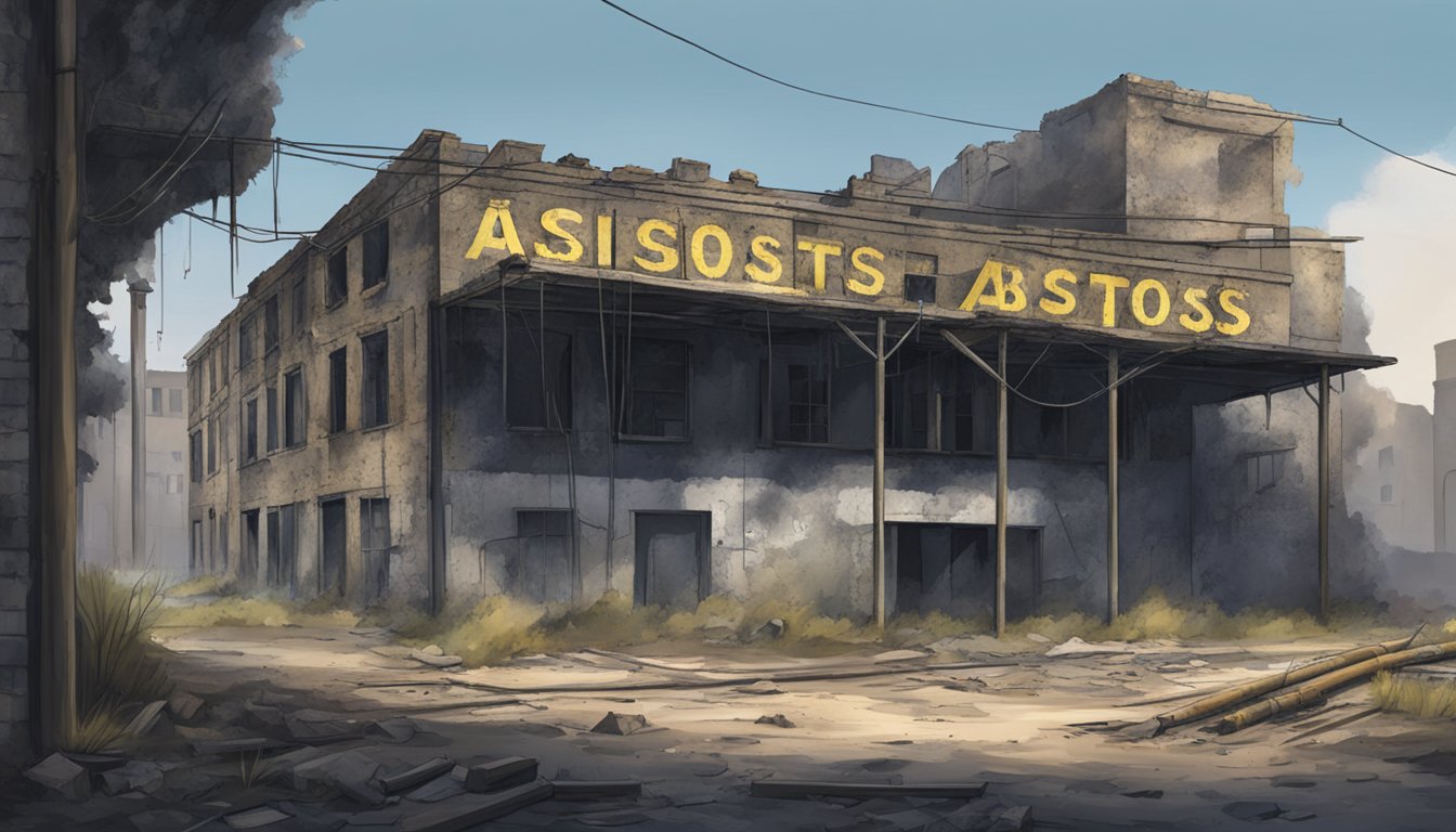 A dark, abandoned building with crumbling walls and exposed pipes. A warning sign with the word "asbestos" is prominently displayed