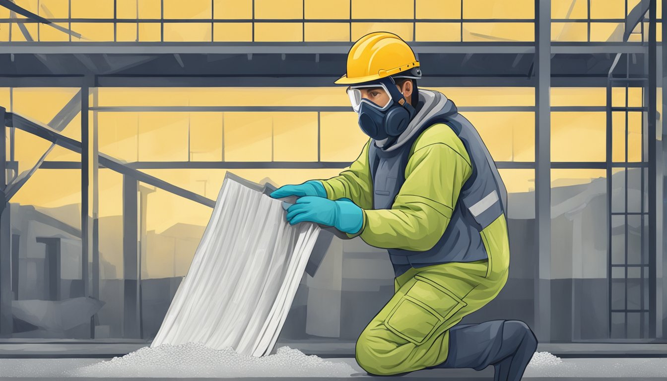 A construction worker wearing protective gear removes asbestos from a building while following safety guidelines
