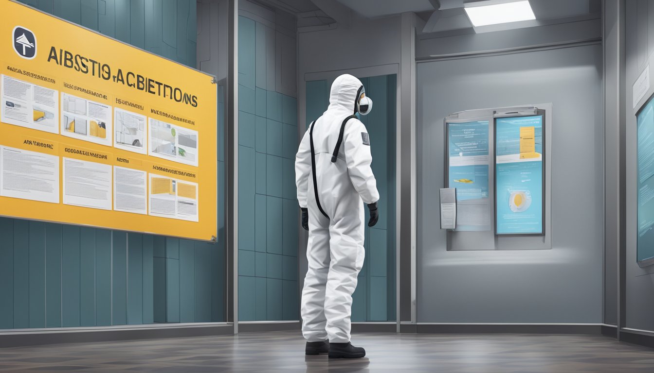 A person in a protective suit and mask inspects a building for asbestos, while informational posters and warning signs are displayed in the background