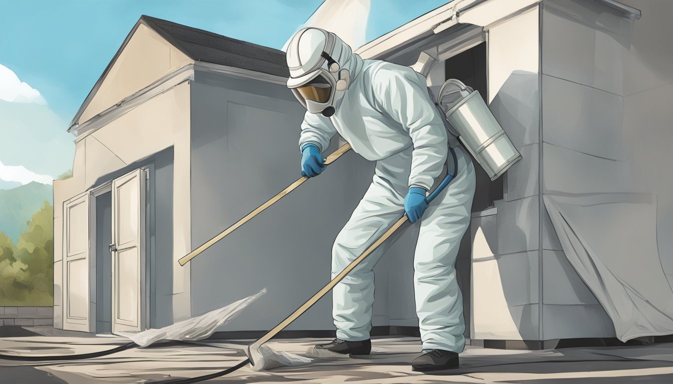 A person in protective gear removing asbestos from a building