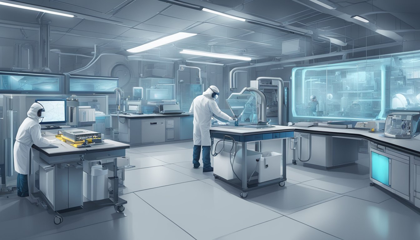 A futuristic laboratory with advanced equipment and technology for detecting, mitigating, and treating asbestos. The scene includes cutting-edge tools and processes for handling asbestos safely and effectively