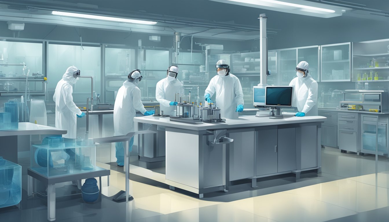 A laboratory setting with advanced detection equipment, workers wearing protective gear, and researchers collaborating on innovative methods for asbestos mitigation and treatment