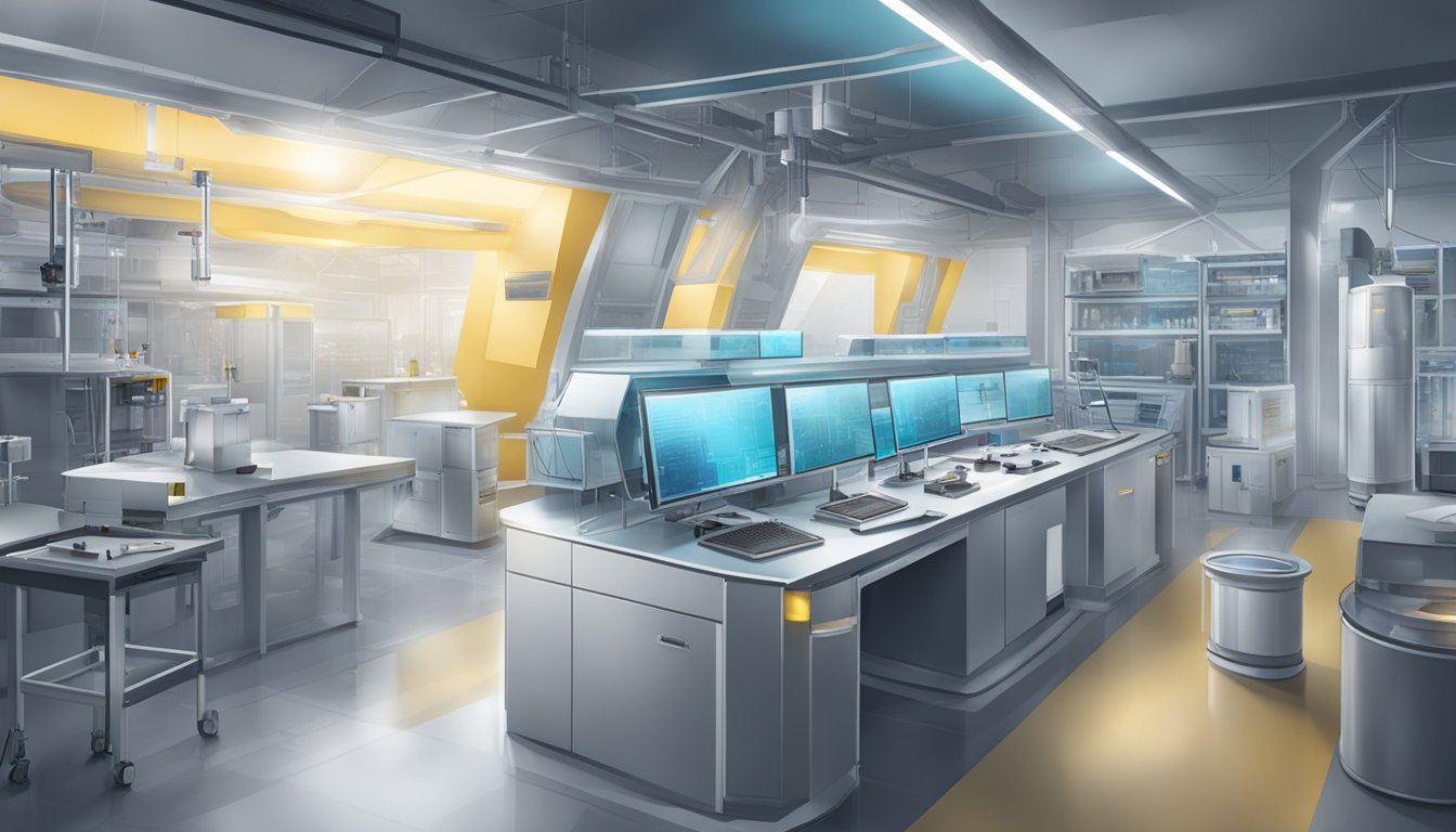 A futuristic laboratory with advanced equipment for asbestos detection and treatment, showcasing cutting-edge technology and innovation