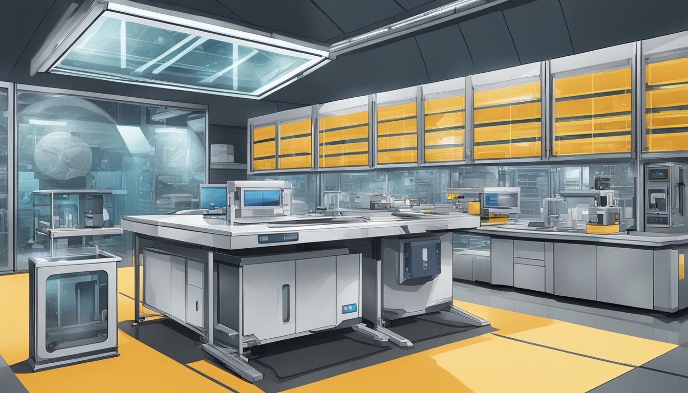 A futuristic laboratory with advanced equipment for asbestos detection and mitigation. Cutting-edge technology and innovative techniques are being used to address the future of asbestos