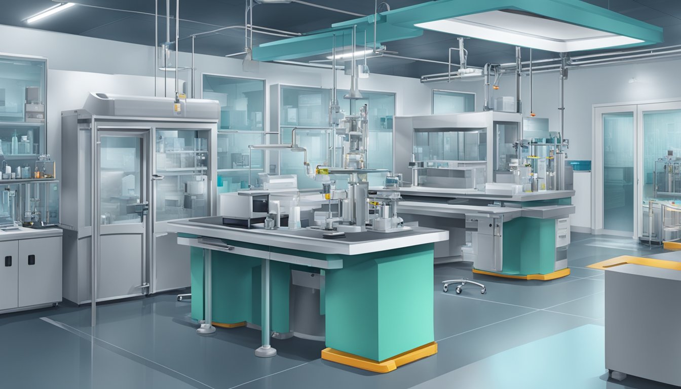 A laboratory setting with advanced equipment for asbestos detection and mitigation, alongside medical facilities for treatment innovations