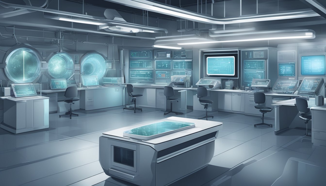 A futuristic laboratory with advanced technology for detecting, mitigating, and treating asbestos. Displays of educational materials and public awareness campaigns