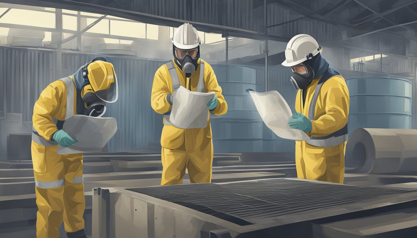 Employees wearing protective gear while working around labeled asbestos materials in a well-ventilated industrial setting