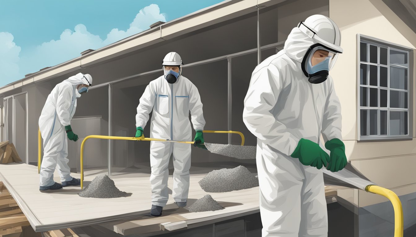 A worker wearing protective gear inspects a building for asbestos, while other workers remove asbestos materials safely