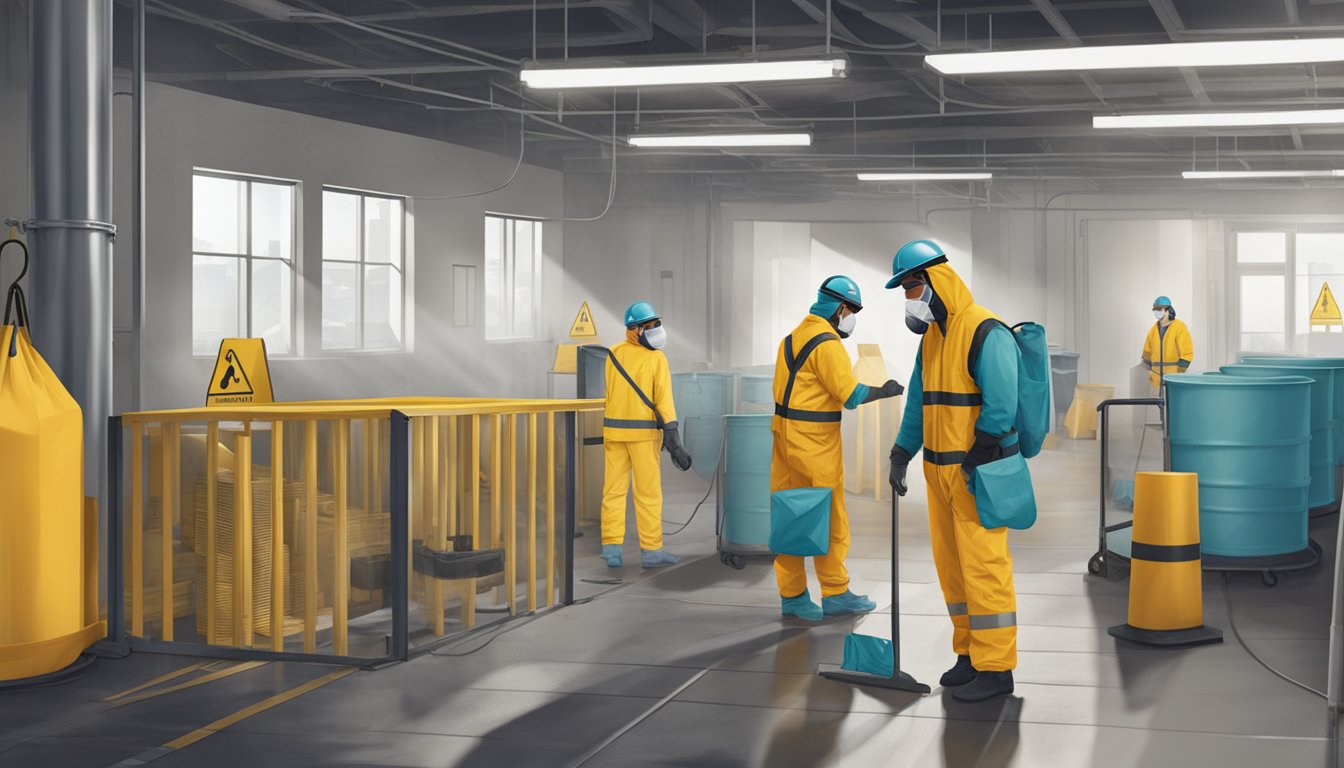 Employees wearing protective gear and masks while working in a designated asbestos removal area. Warning signs and barriers in place