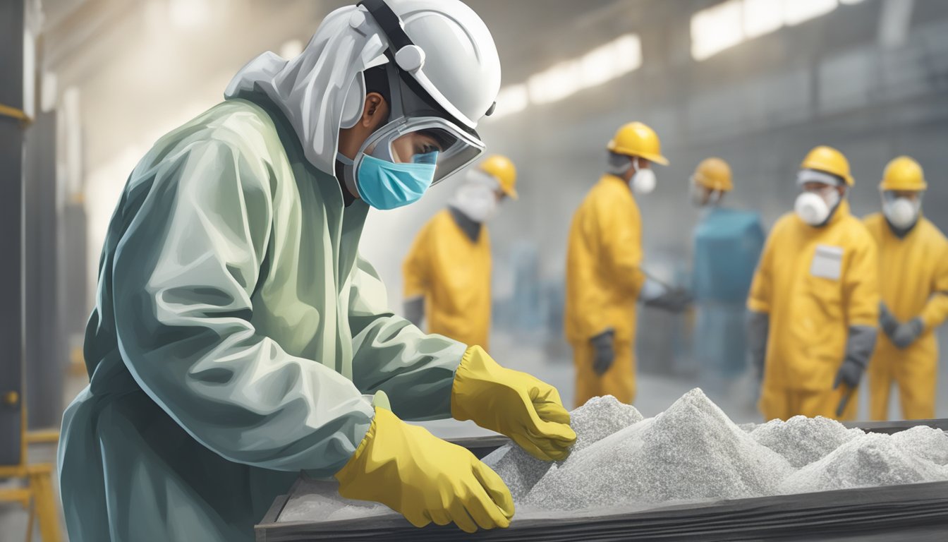 A worker in protective gear removes asbestos from a factory, while others monitor air quality and wear safety equipment