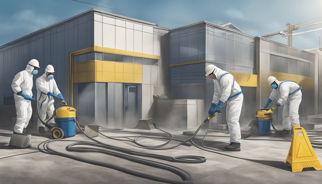 A team of workers wearing protective gear and using specialized equipment to remove asbestos from a commercial building