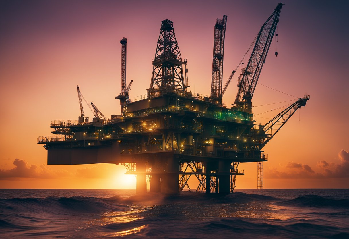 An oil rig stands tall against a vibrant sunset, with the iconic Petrobras logo prominently displayed on its structure. Waves crash against the base, creating a dynamic and powerful scene
