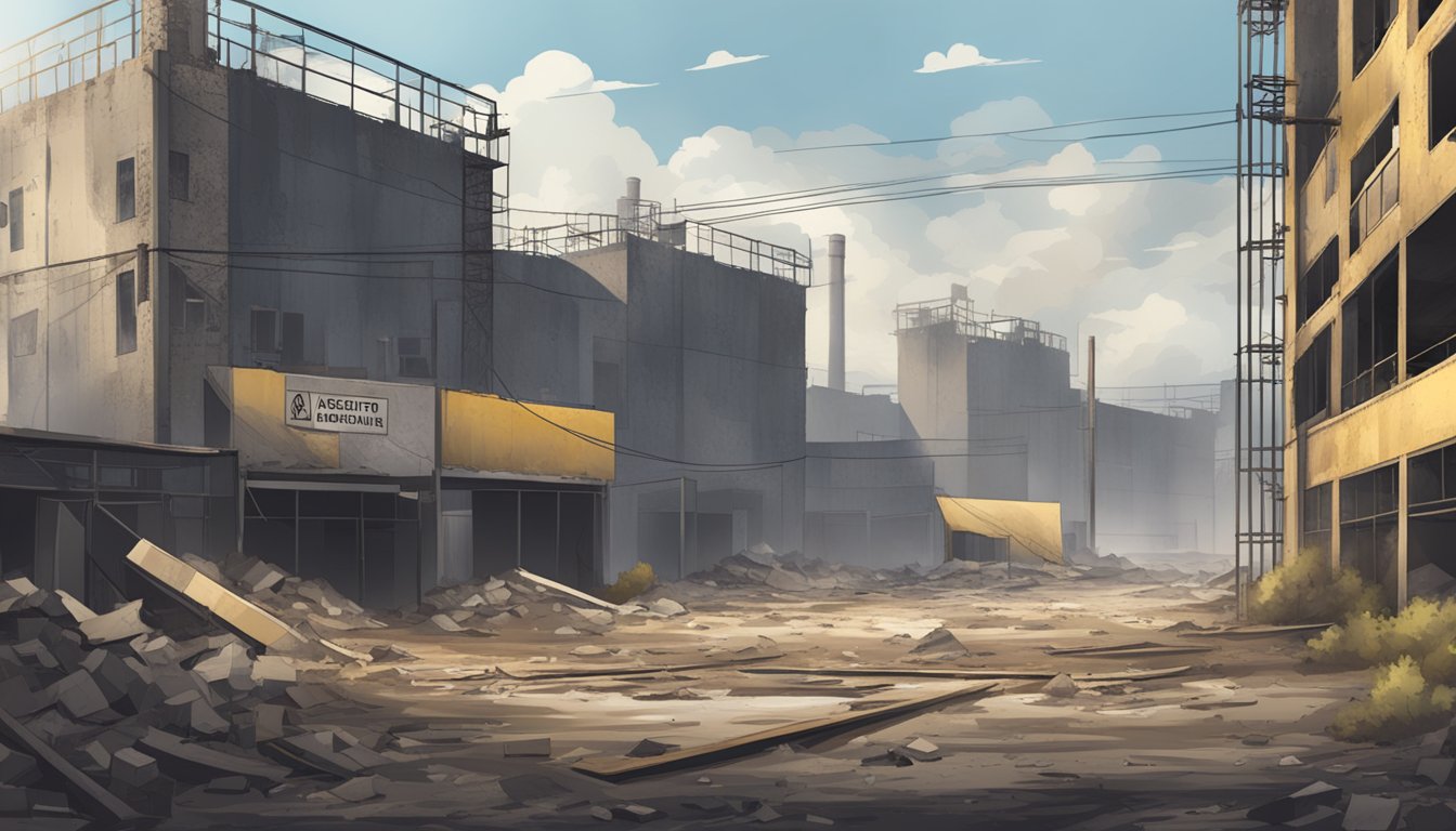 A deserted industrial site with crumbling buildings and signs of neglect. The ground is littered with debris and dust, with warning signs about asbestos contamination