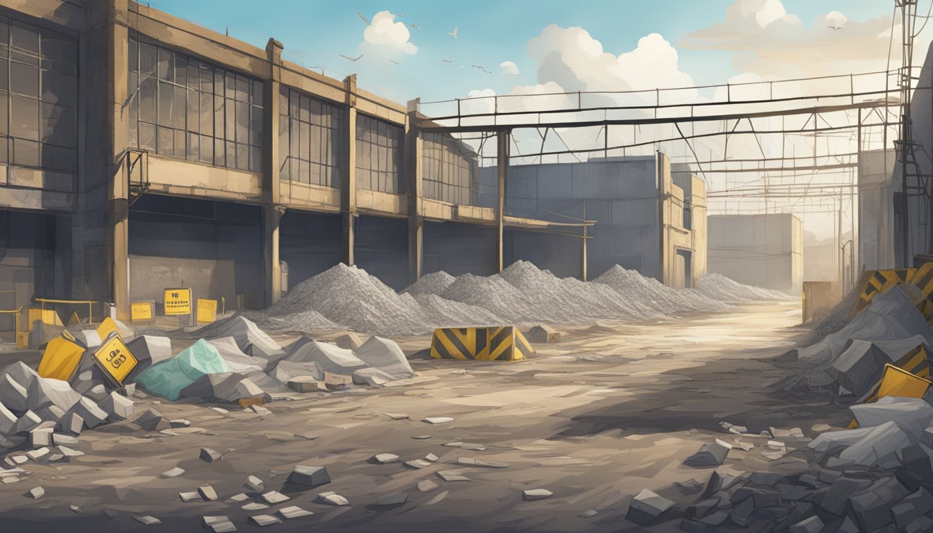 A deserted industrial site with abandoned buildings and piles of asbestos-contaminated materials scattered around, surrounded by warning signs and barriers