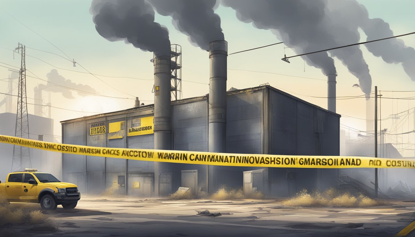 A dilapidated industrial building surrounded by warning signs and caution tape, with visible asbestos contamination and a haze of dust in the air