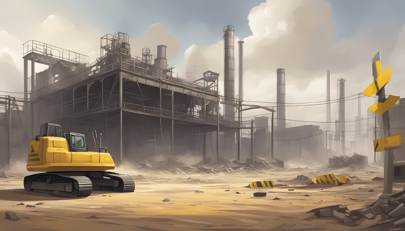A deserted industrial site with abandoned machinery and buildings, surrounded by caution signs and warning tape. The air is filled with dust and debris, creating a hazardous environment