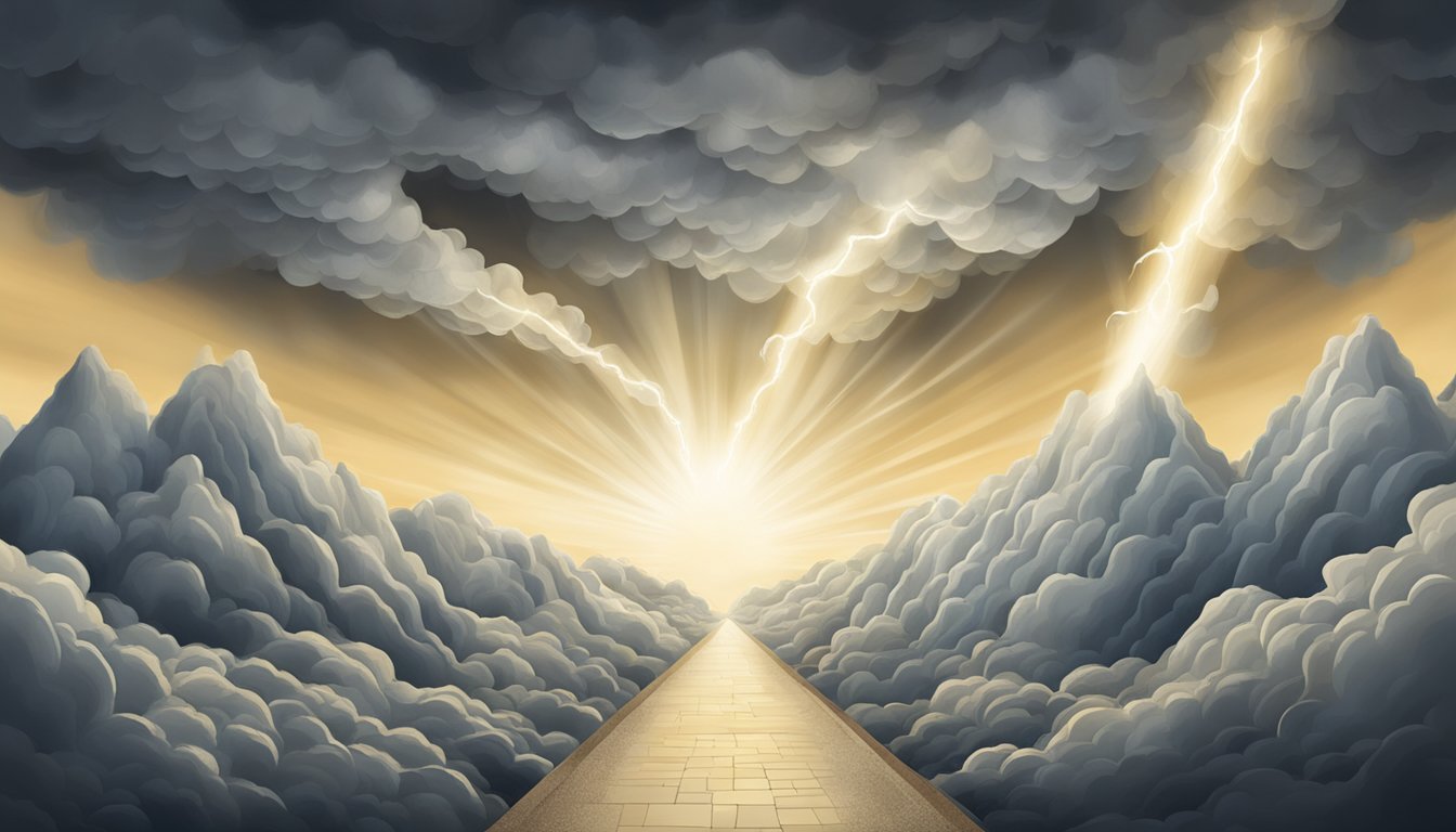 An illustration of a clear division between myths and facts about asbestos, with myths represented as dark clouds and facts as shining light breaking through