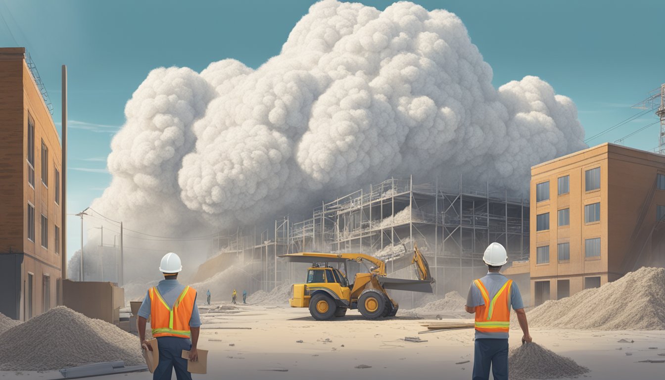 A cloud of asbestos fibers looms over a construction site, workers unaware. Nearby, a sign lists common myths about asbestos exposure