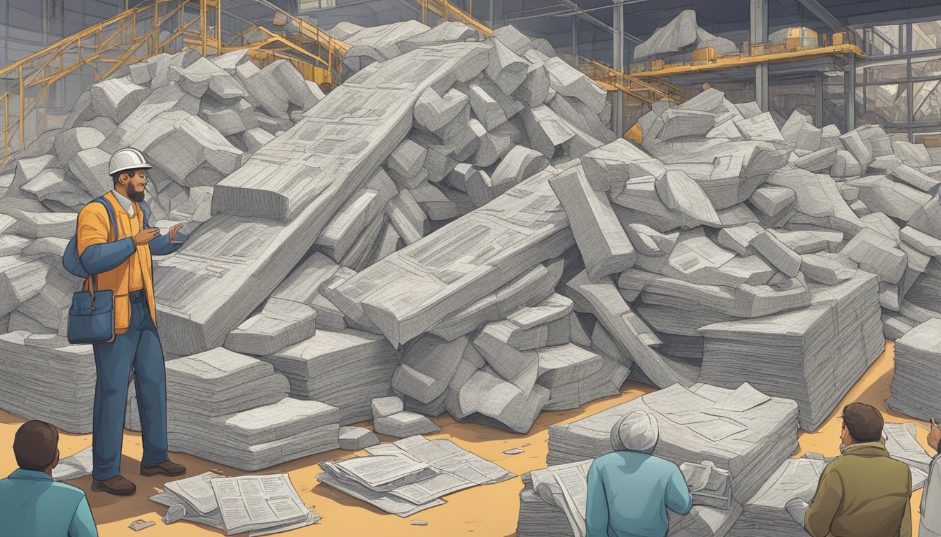 A pile of asbestos-containing materials labeled with common myths and facts, surrounded by confused onlookers and a scientist presenting accurate information