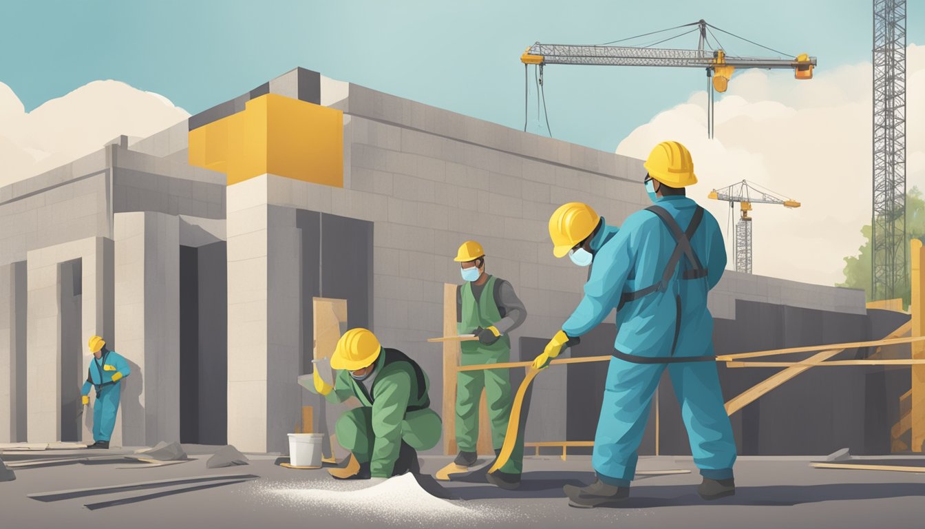 A construction site with workers wearing protective gear removing asbestos from a building, while a sign nearby dispels common myths about asbestos